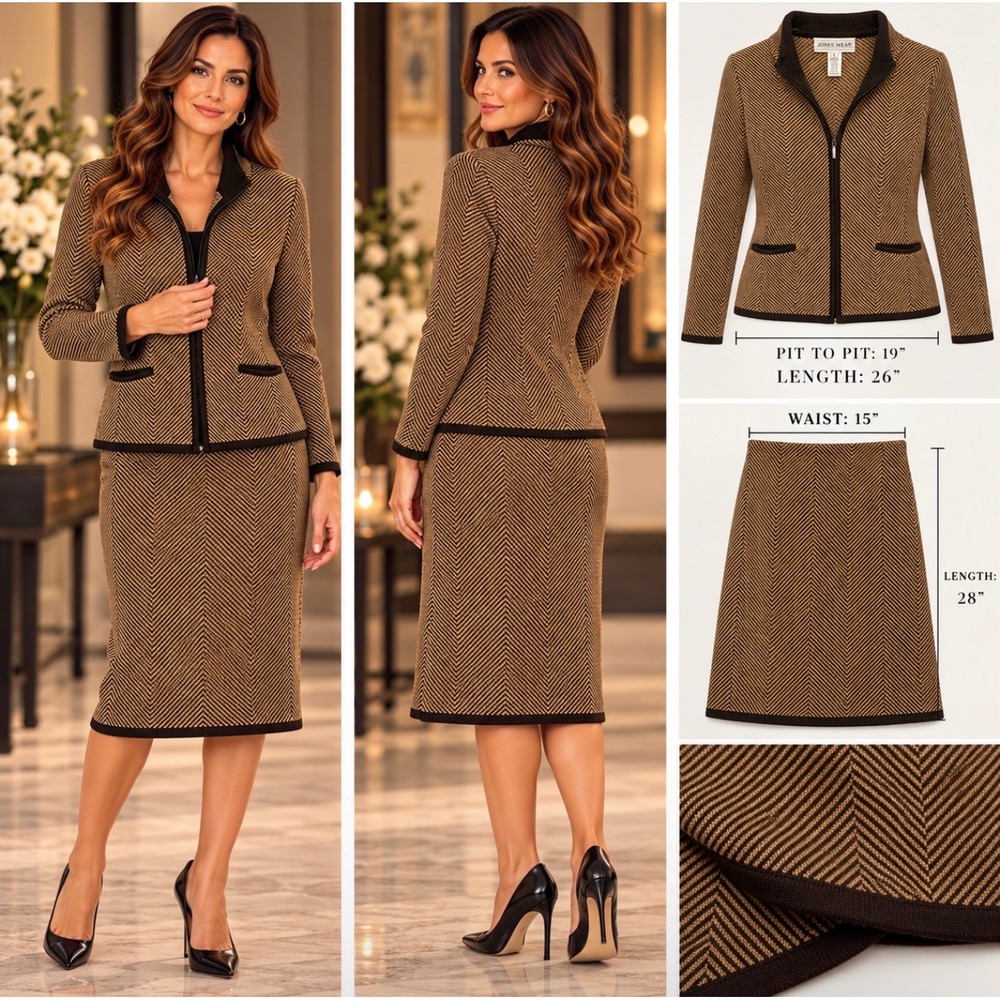 Jones Wear Brown Herringbone Skirt Suit Set Wool Blend Zip Jacket Midi Skirt M